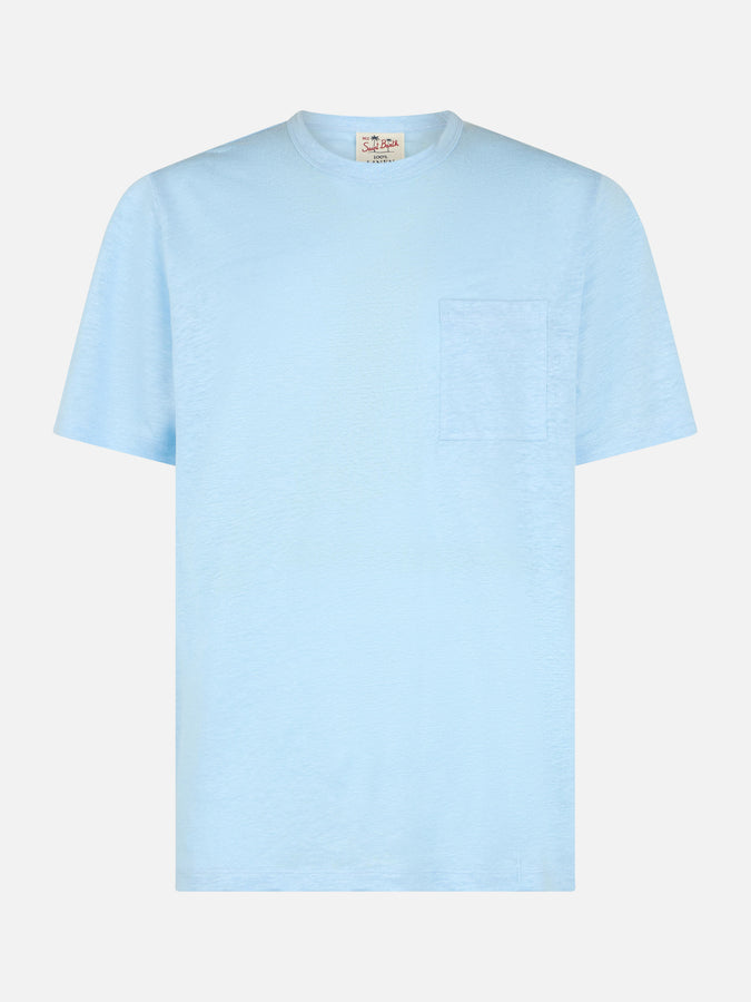 Mc2 Saint Barth T-shirt Da Uomo Ecstasea In Jersey Di Lino Azzurro Con Taschino