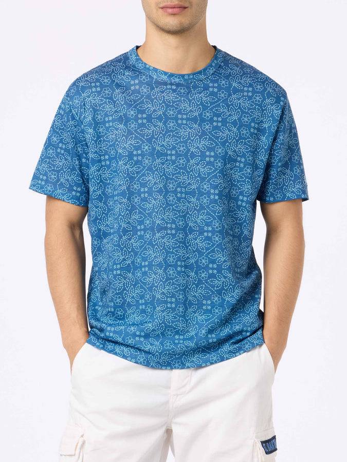 Mc2 Saint Barth T-shirt Da Uomo Ecstasea In Jersey Di Lino Blu Con Stampa Sashiko
