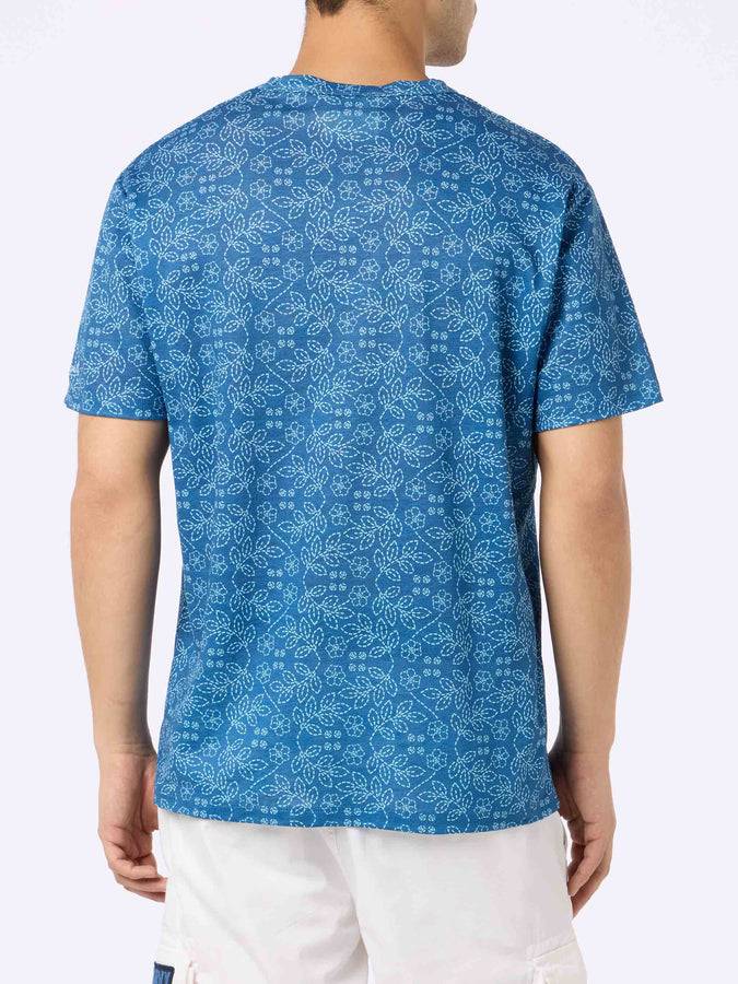 Mc2 Saint Barth T-shirt Da Uomo Ecstasea In Jersey Di Lino Blu Con Stampa Sashiko