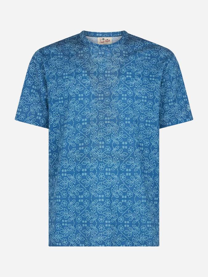 Mc2 Saint Barth T-shirt Da Uomo Ecstasea In Jersey Di Lino Blu Con Stampa Sashiko