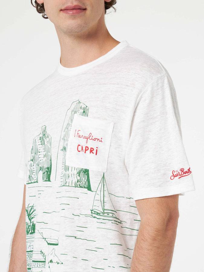 Mc2 Saint Barth T-shirt Da Uomo Ecstasea In Jersey Di Lino Con Stampa Capri Piazzata E Taschino Ricamato