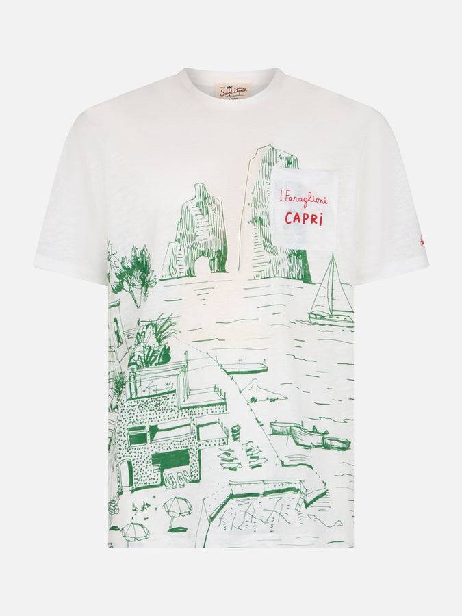 Mc2 Saint Barth T-shirt Da Uomo Ecstasea In Jersey Di Lino Con Stampa Capri Piazzata E Taschino Ricamato