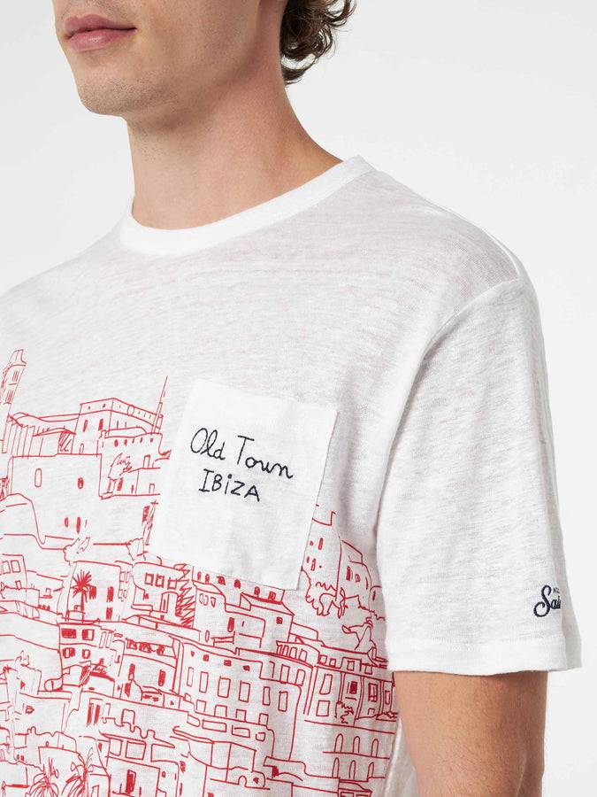 Mc2 Saint Barth T-shirt Da Uomo Ecstasea In Jersey Di Lino Con Stampa Piazzata Ibiza E Taschino Ricamato