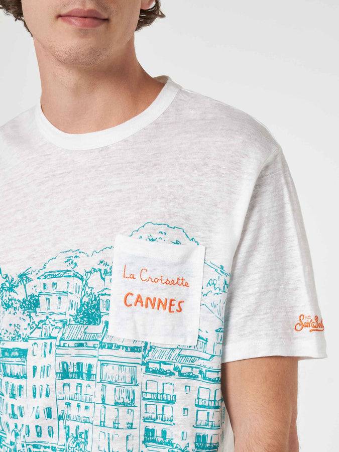 Mc2 Saint Barth T-shirt Da Uomo Ecstasea In Jersey Di Lino Con Stampa Piazzata Cannes E Taschino Ricamato