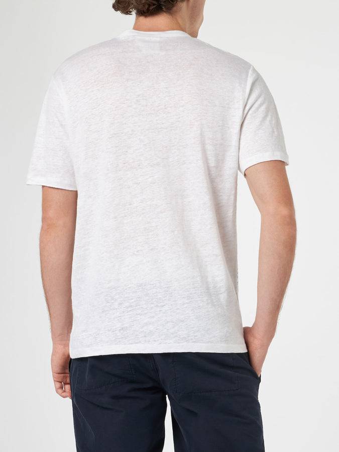 Mc2 Saint Barth T-shirt Da Uomo Ecstasea In Jersey Di Lino Con Stampa Piazzata Cannes E Taschino Ricamato