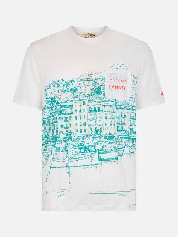 Mc2 Saint Barth T-shirt Da Uomo Ecstasea In Jersey Di Lino Con Stampa Piazzata Cannes E Taschino Ricamato