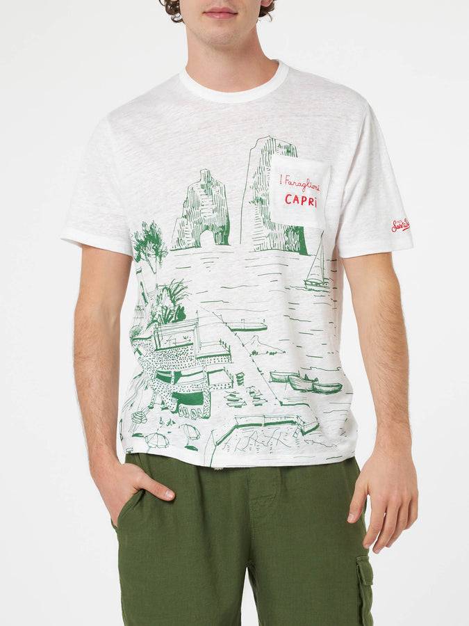 Mc2 Saint Barth T-shirt da uomo Ecstasea in jersey di lino con stampa Capri piazzata e taschino ricamato
