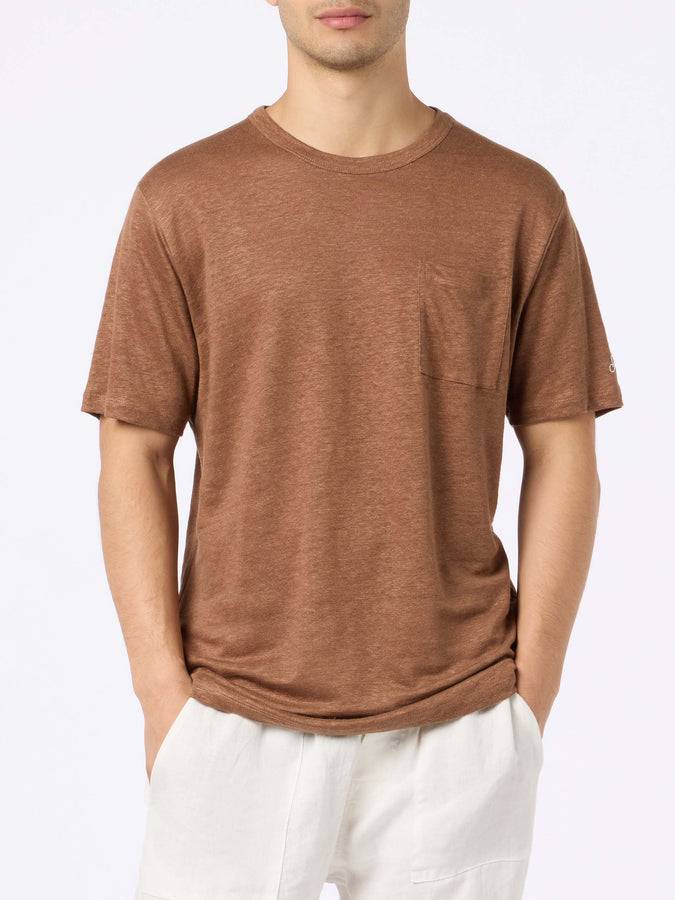 Mc2 Saint Barth T-shirt Da Uomo Ecstasea In Jersey Di Lino Marrone Con Taschino