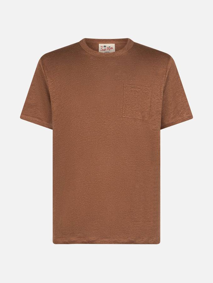 Mc2 Saint Barth T-shirt Da Uomo Ecstasea In Jersey Di Lino Marrone Con Taschino