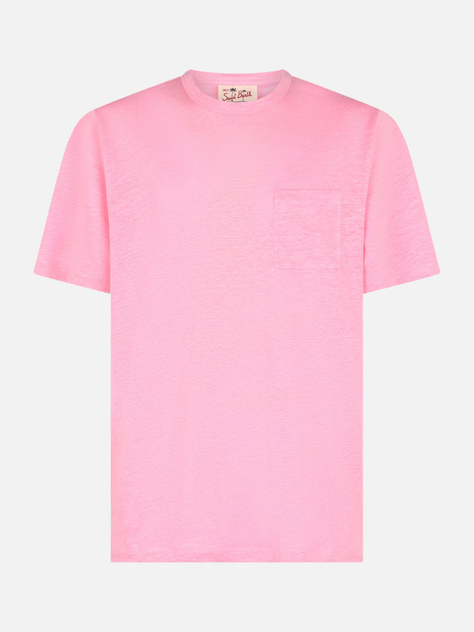Mc2 Saint Barth T-shirt Da Uomo Ecstasea In Jersey Di Lino Rosa Con Taschino
