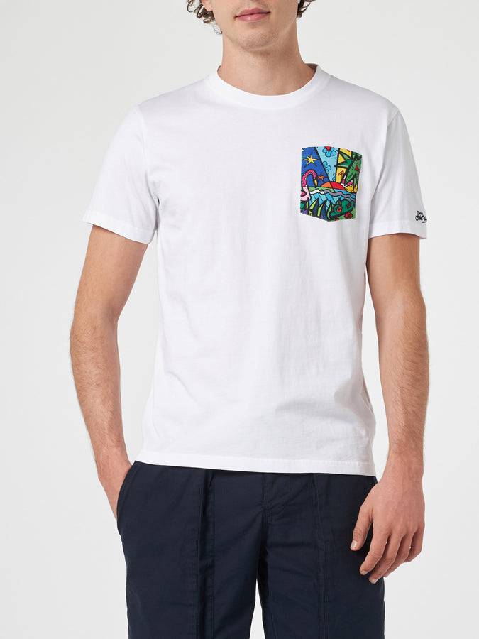 Mc2 Saint Barth T-shirt Da Uomo In Cotone Blanche Con Taschino Stampato Britto | EDIZIONE SPECIALE BRITTO