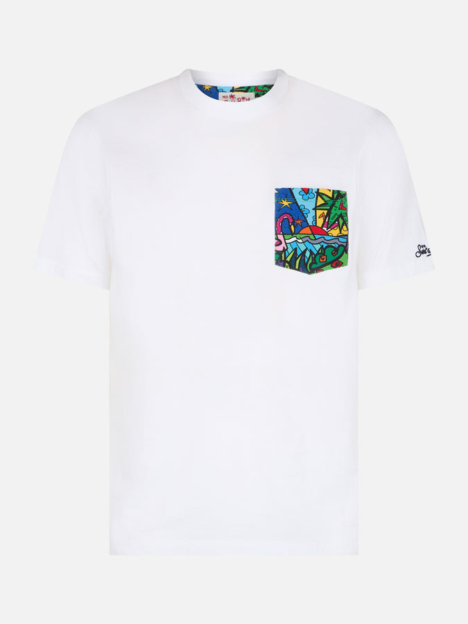 Mc2 Saint Barth T-shirt Da Uomo In Cotone Blanche Con Taschino Stampato Britto | EDIZIONE SPECIALE BRITTO