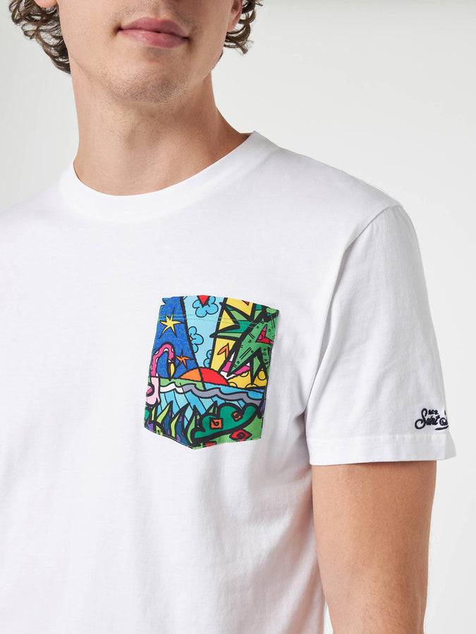 Mc2 Saint Barth T-shirt da uomo in cotone Blanche con taschino stampato Britto | EDIZIONE SPECIALE BRITTO
