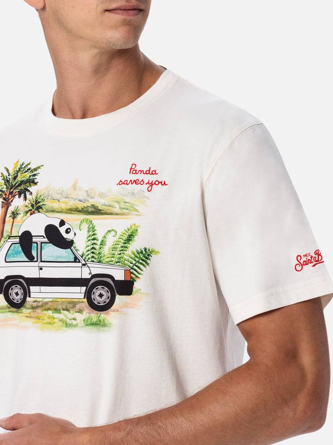 Mc2 Saint Barth T-shirt Da Uomo In Cotone Con Stampa E Ricamo Panda Su Panda | EDIZIONE SPECIALE FIAT PANDA