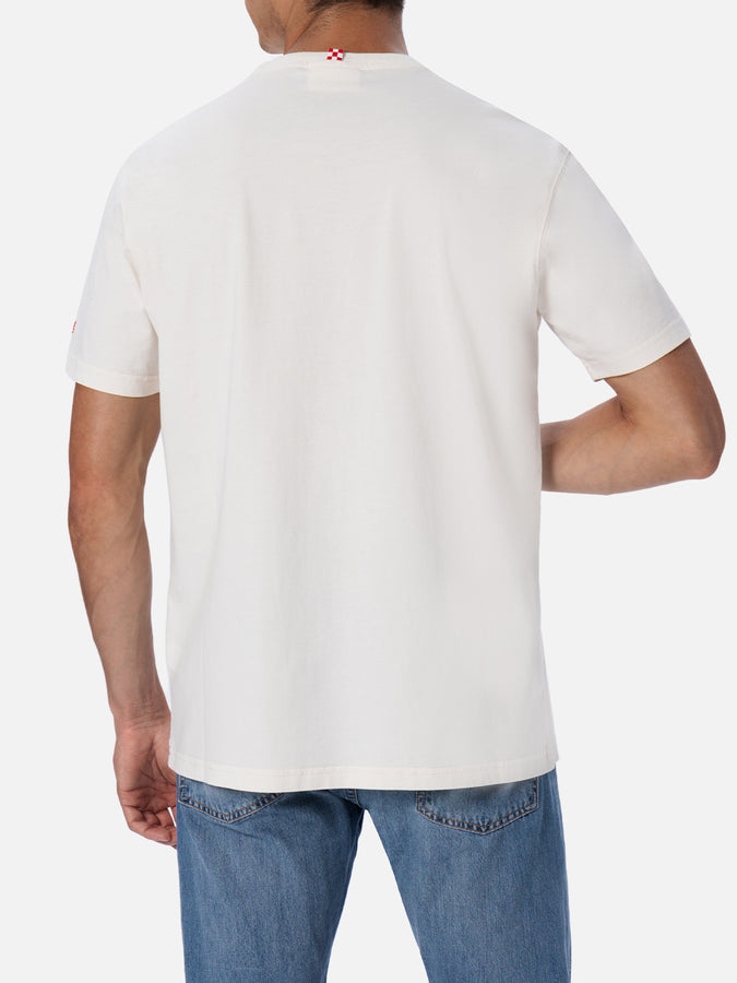 Mc2 Saint Barth T-shirt Da Uomo In Cotone Con Stampa E Ricamo Panda Su Panda | EDIZIONE SPECIALE FIAT PANDA