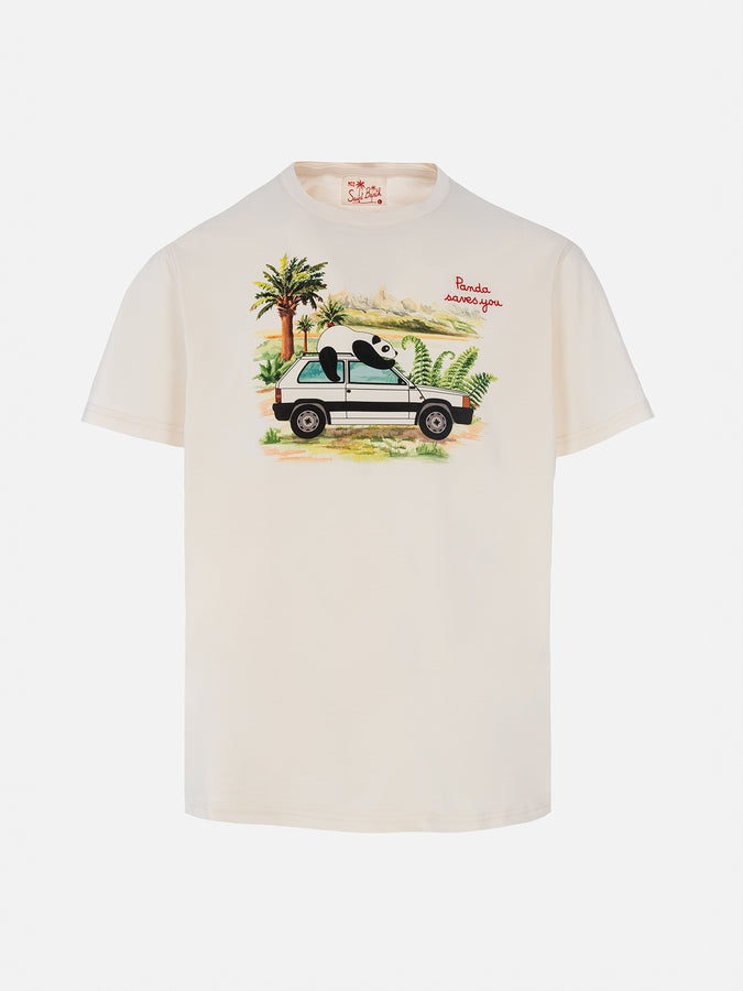 Mc2 Saint Barth T-shirt Da Uomo In Cotone Con Stampa E Ricamo Panda Su Panda | EDIZIONE SPECIALE FIAT PANDA