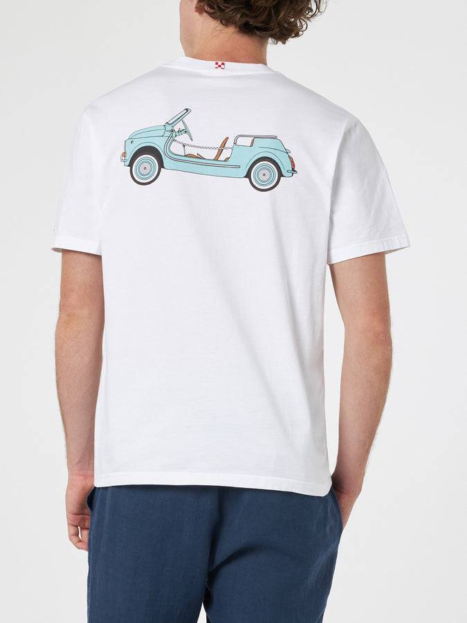 Mc2 Saint Barth T-shirt Da Uomo In Cotone Con Stampa Piazzata Spiaggina Davanti E Dietro | FIAT 500 EDIZIONE SPECIALE