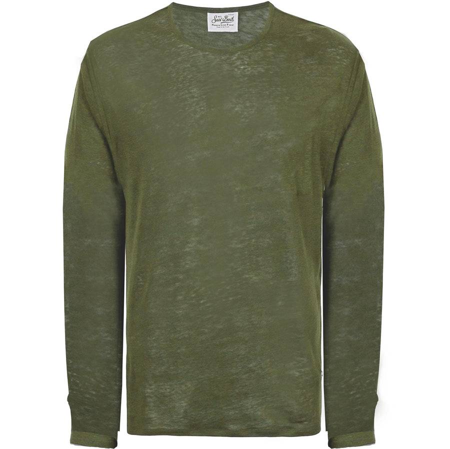 Mc2 Saint Barth T-Shirt Da Uomo In Lino Verde Militare Maniche Lunghe