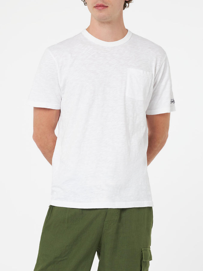 Mc2 Saint Barth T-shirt Da Uomo President In Cotone Fiammato Bianco Con Ricamo