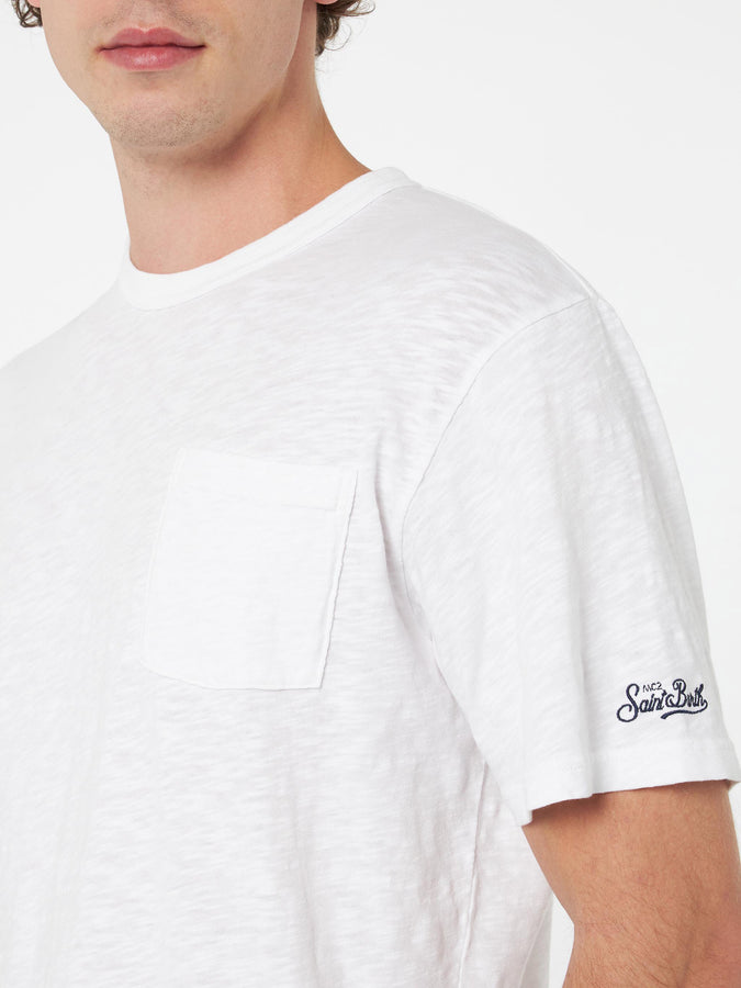 Mc2 Saint Barth T-shirt da uomo President in cotone fiammato bianco con ricamo