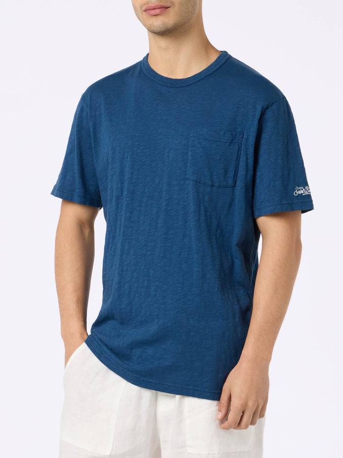 Mc2 Saint Barth T-shirt Da Uomo President In Cotone Fiammato Blu Con Ricamo