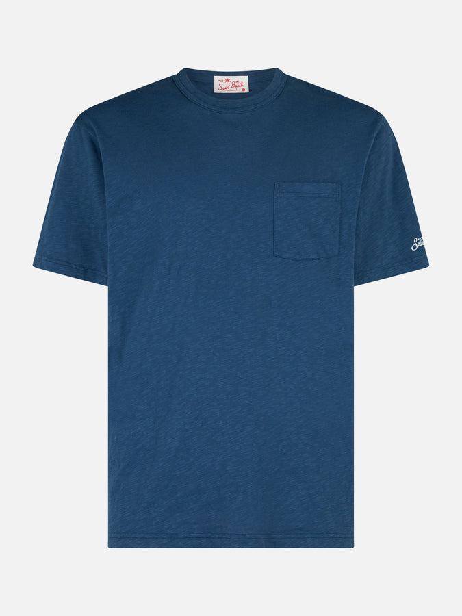 Mc2 Saint Barth T-shirt Da Uomo President In Cotone Fiammato Blu Con Ricamo