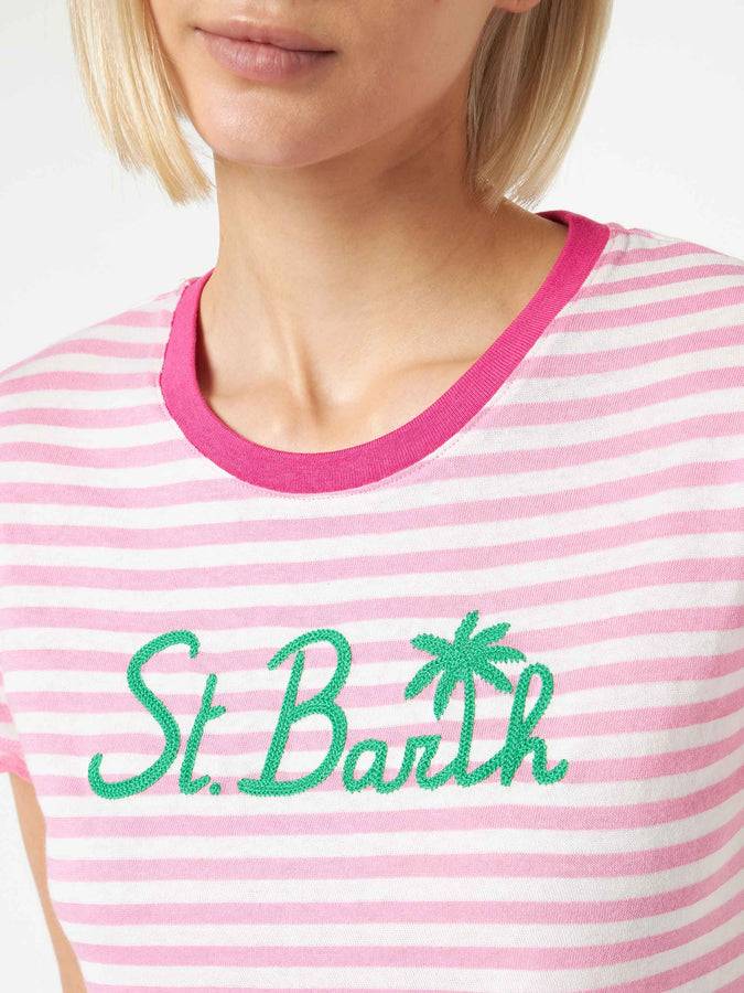 Mc2 Saint Barth T-shirt In Cotone A Righe Fucsia Con Ricamo St. Barth
