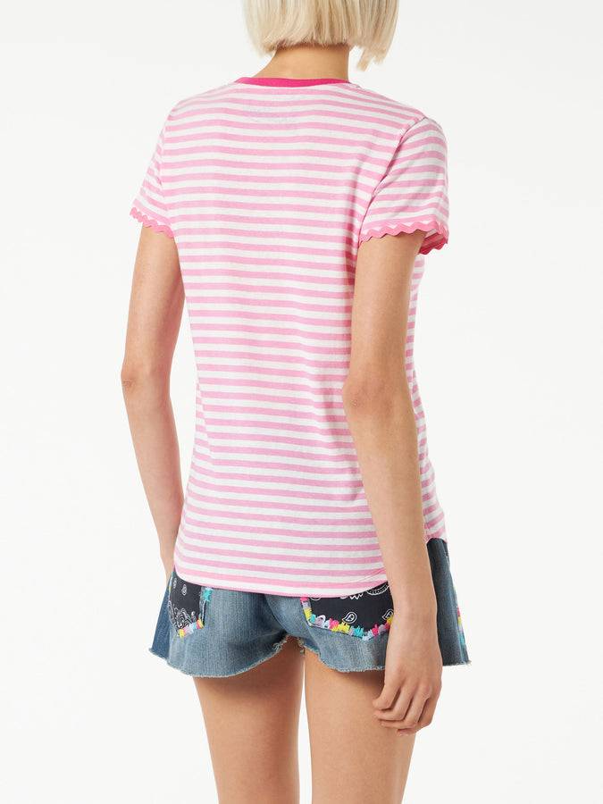 Mc2 Saint Barth T-shirt In Cotone A Righe Fucsia Con Ricamo St. Barth