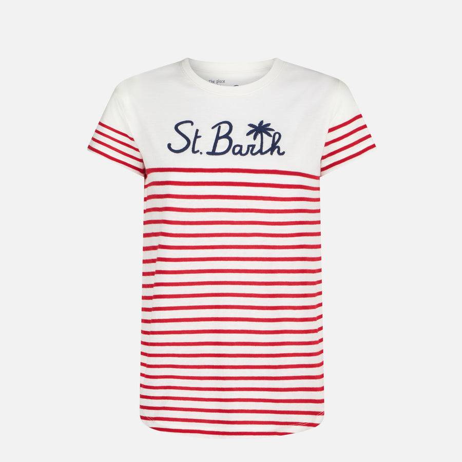Mc2 Saint Barth T-shirt In Cotone A Righe Rosse Con Ricamo St. Barth