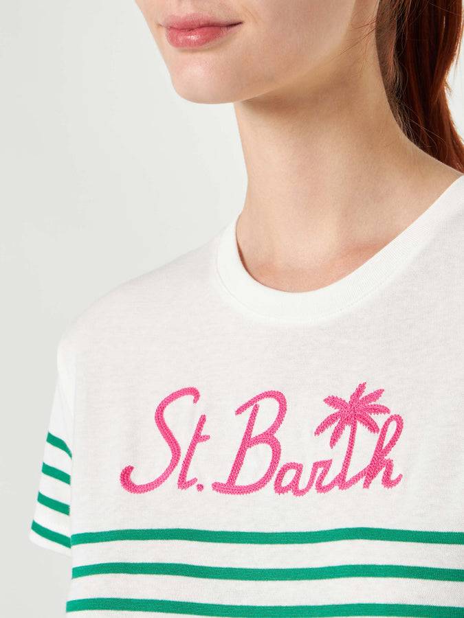 Mc2 Saint Barth T-shirt In Cotone A Righe Verdi Con Ricamo St. Barth