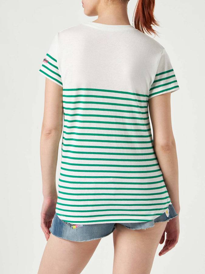 Mc2 Saint Barth T-shirt In Cotone A Righe Verdi Con Ricamo St. Barth