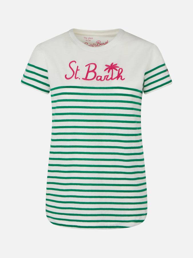 Mc2 Saint Barth T-shirt In Cotone A Righe Verdi Con Ricamo St. Barth