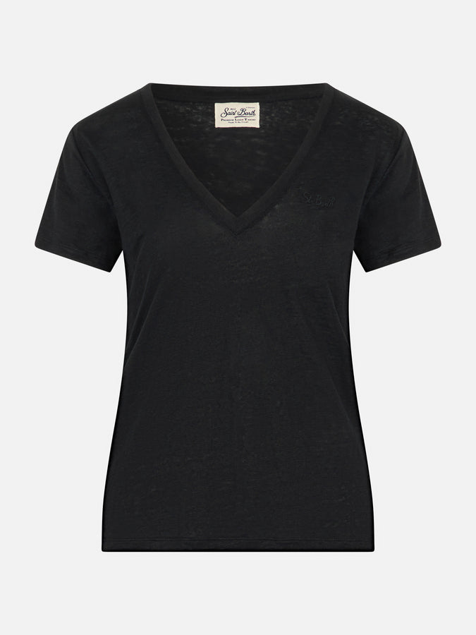 Mc2 Saint Barth T-shirt Nera Scollo A V Eloise In Jersey Di Lino