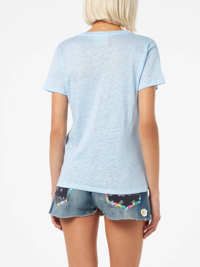Mc2 Saint Barth T-shirt Scollo A V Azzurro Eloise In Jersey Di Lino