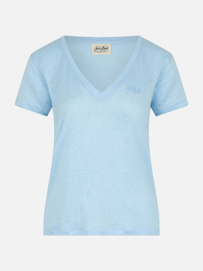 Mc2 Saint Barth T-shirt Scollo A V Azzurro Eloise In Jersey Di Lino