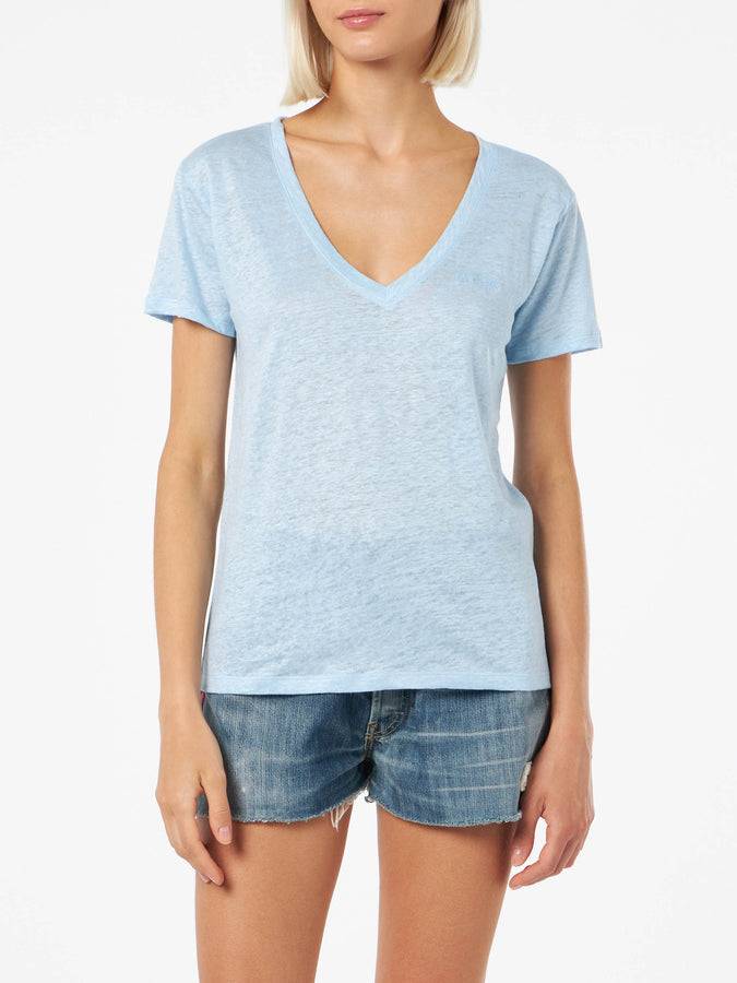 Mc2 Saint Barth T-shirt scollo a V azzurro Eloise in jersey di lino