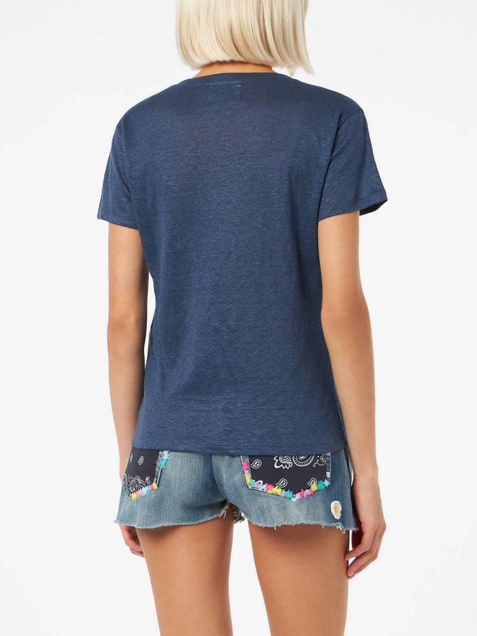 Mc2 Saint Barth T-shirt Scollo A V Eloise In Jersey Di Lino Blu Navy