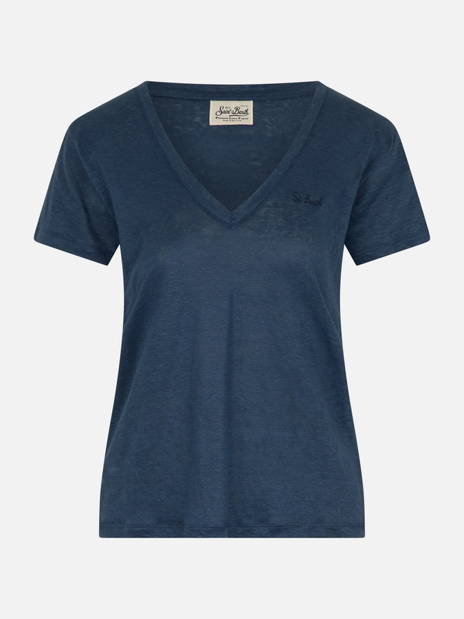 Mc2 Saint Barth T-shirt Scollo A V Eloise In Jersey Di Lino Blu Navy