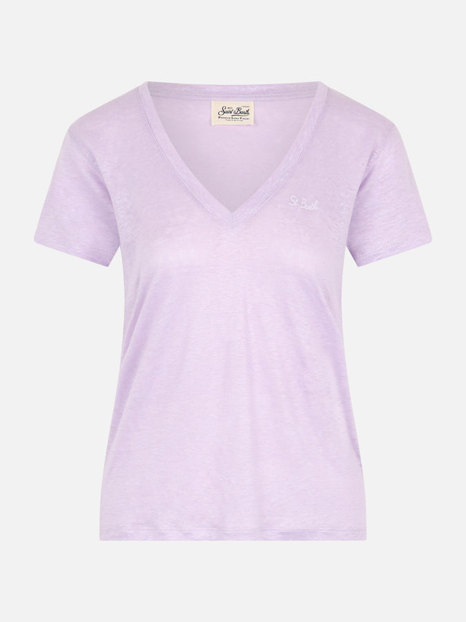 Mc2 Saint Barth T-shirt Scollo A V Lilla Eloise In Jersey Di Lino