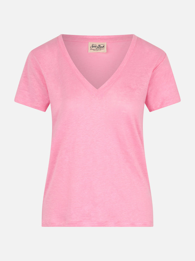 Mc2 Saint Barth T-shirt Scollo A V Rosa Eloise In Jersey Di Lino