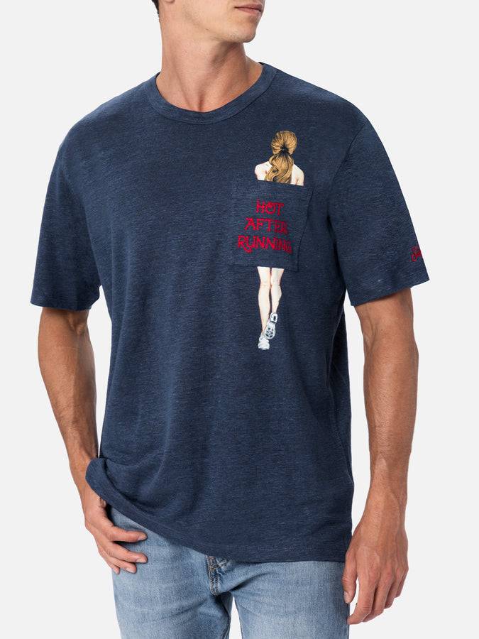 Mc2 Saint Barth T-shirt uomo Ecstasea in jersey di lino con tasca stampata e ricamata