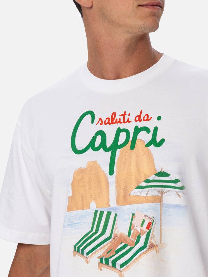 Mc2 Saint Barth T-shirt Uomo In Cotone Con Stampa Piazzata Saluti Da Capri