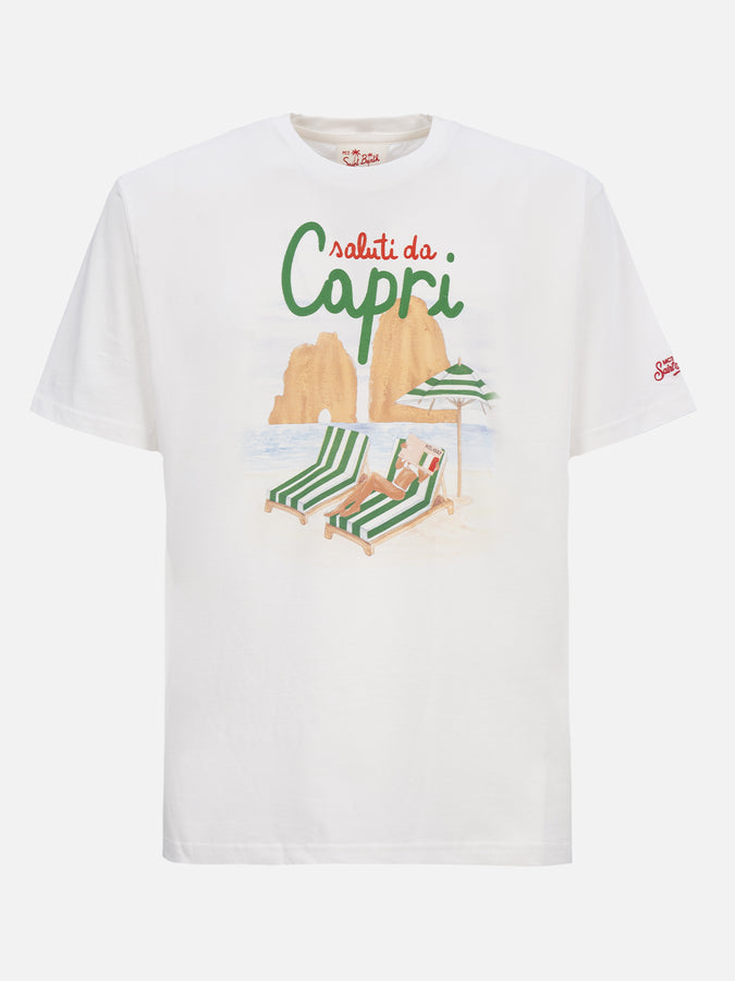 Mc2 Saint Barth T-shirt Uomo In Cotone Con Stampa Piazzata Saluti Da Capri