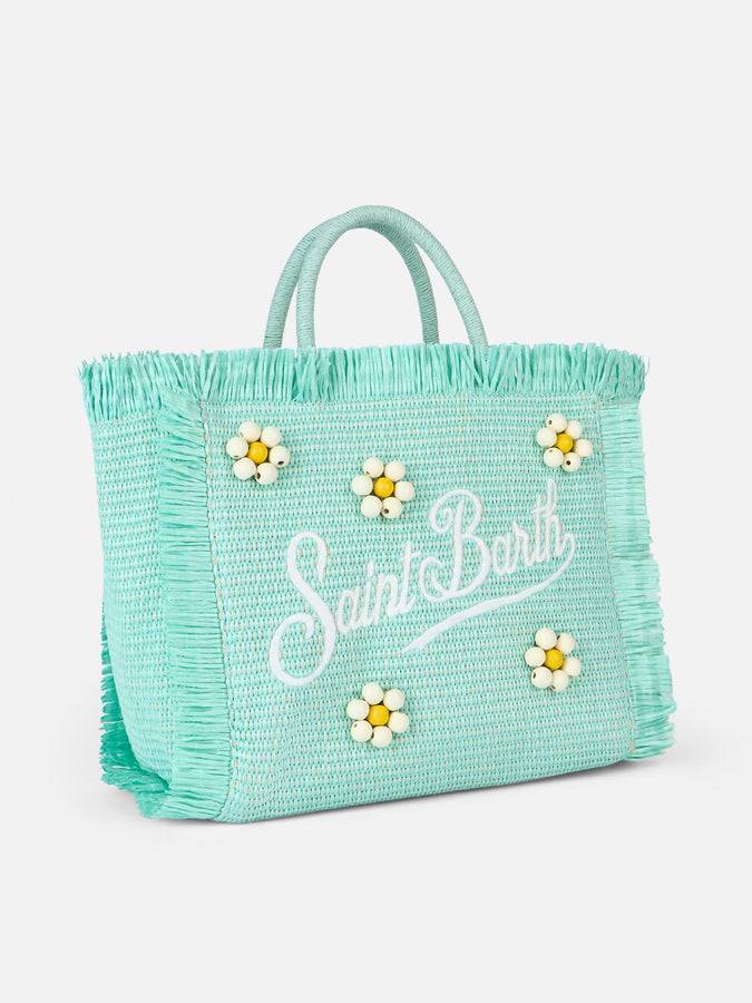 Mc2 Saint Barth Water Green Colette Straw Handbag With Flower Wood Beads Embellishment