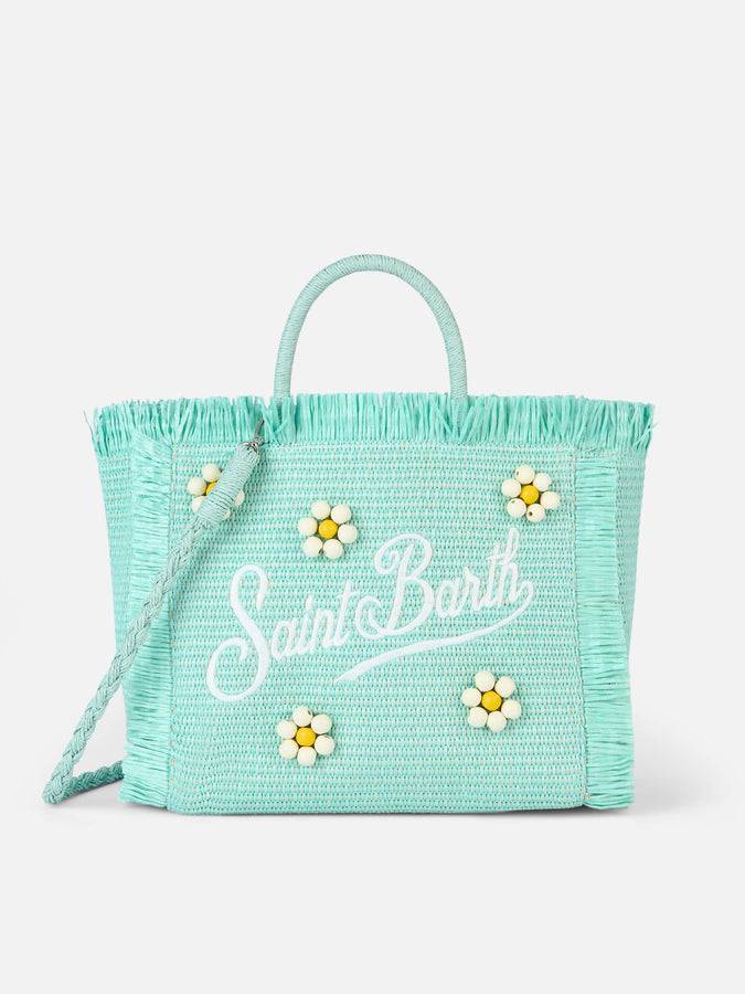 Mc2 Saint Barth Water green Colette Straw handbag with flower wood beads embellishment