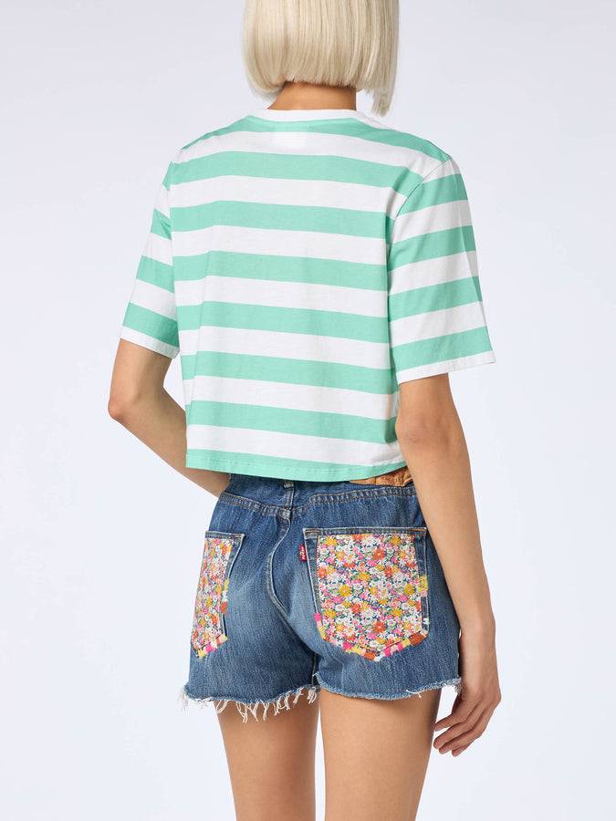 Mc2 Saint Barth Woman Acquamarine And White Striped Crop T-shirt