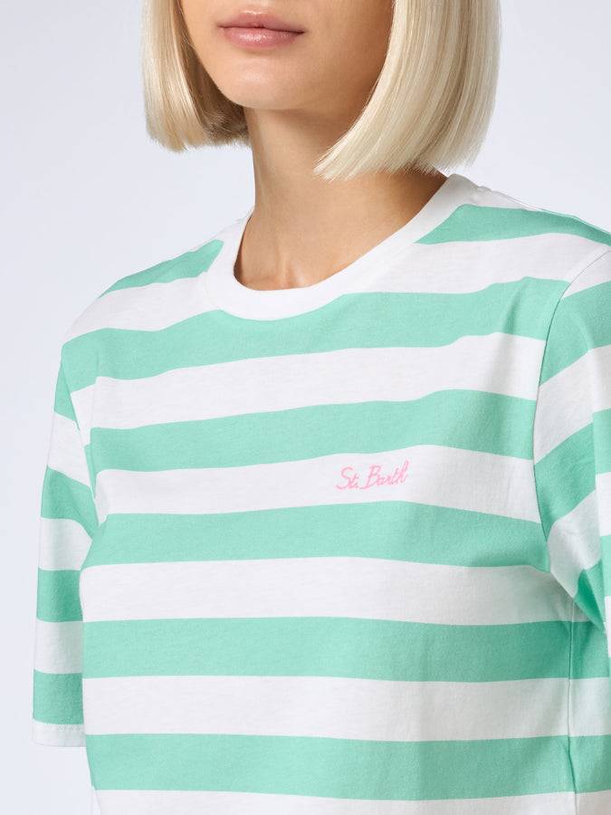 Mc2 Saint Barth Woman Acquamarine And White Striped Crop T-shirt