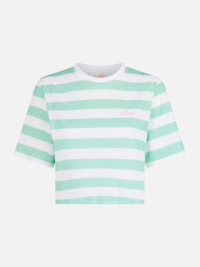 Mc2 Saint Barth Woman Acquamarine And White Striped Crop T-shirt