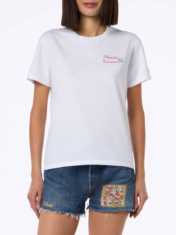 Mc2 Saint Barth Woman Cotton Jersey Crewneck T-shirt Emilie With Maledetta Primavera Embroidery | @serepocaiontas SPECIAL EDITION