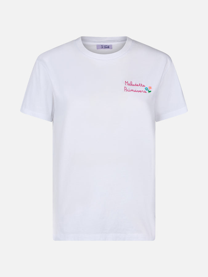 Mc2 Saint Barth Woman Cotton Jersey Crewneck T-shirt Emilie With Maledetta Primavera Embroidery | @serepocaiontas SPECIAL EDITION